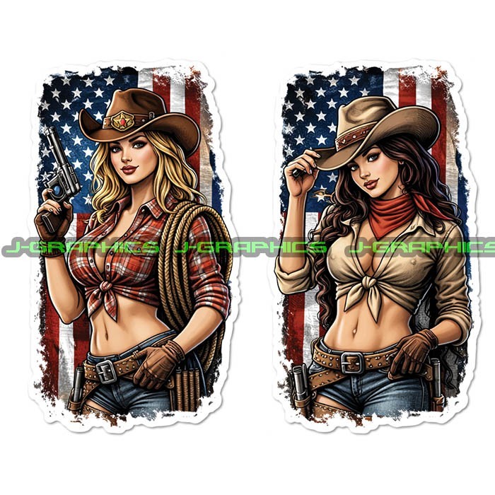 Cowgirl American Flag Patriotic Western Vinyl Decal Sticker 2 Pack G