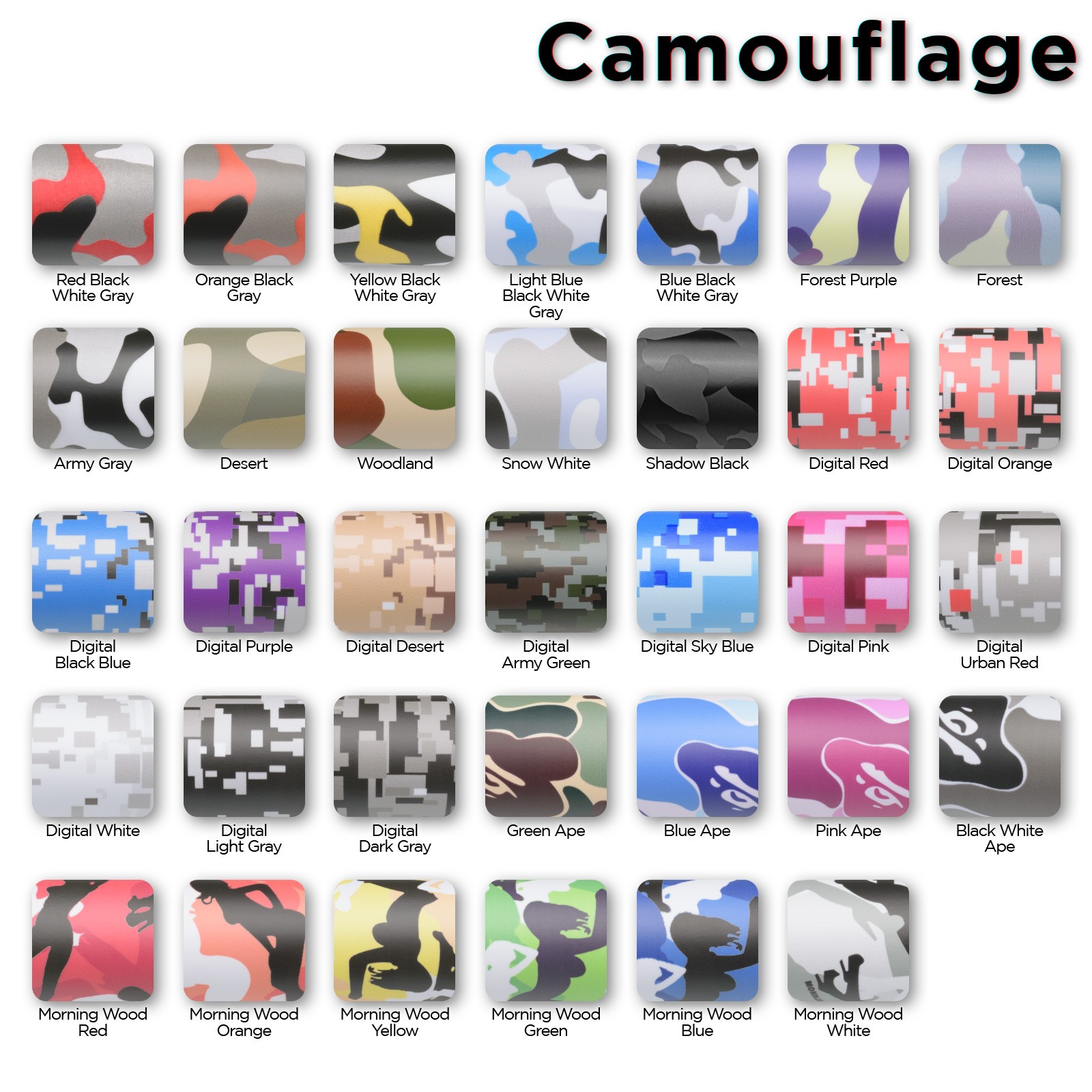 27 Styles Camouflage CAMO Army Digital Desert Forest Vinyl Sticker Wrap Decal