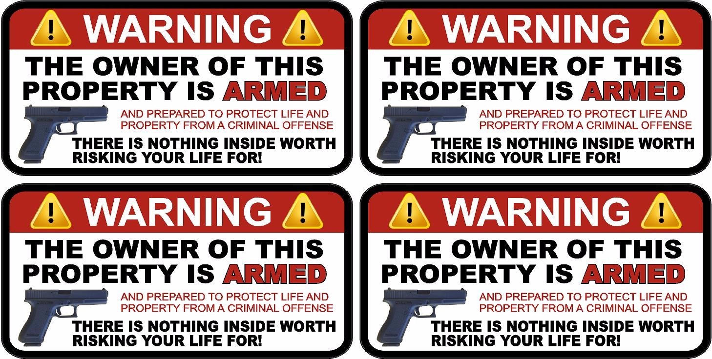4 – 1.5″ x 3″ Owner is Armed Warning 2nd Amendment Guns Firearm Sticker Decal