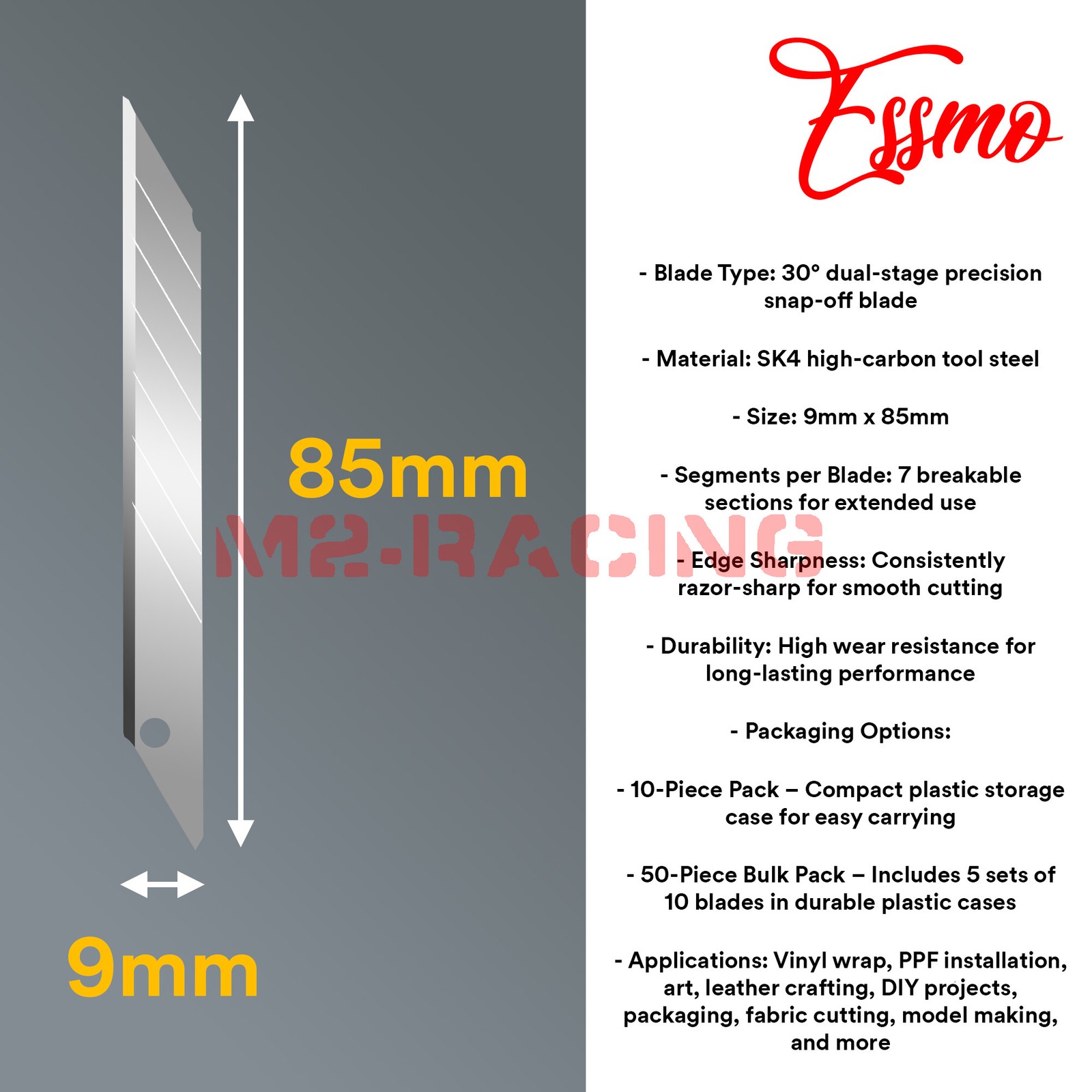 ESSMO 10pcs 30° Utility Knifes Blades Stainless Steel Vinyl Wrap Graphics Tools