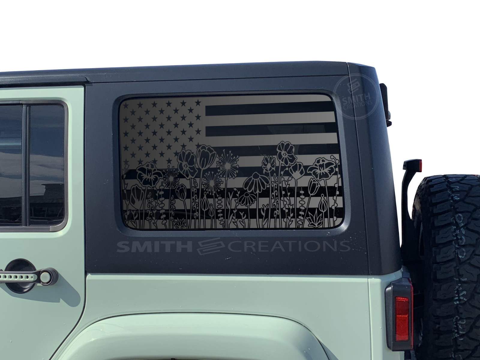 Fits 2011-2018 Jeep Wrangler 4Door Hardtop Standard American Flag Flowers Decal