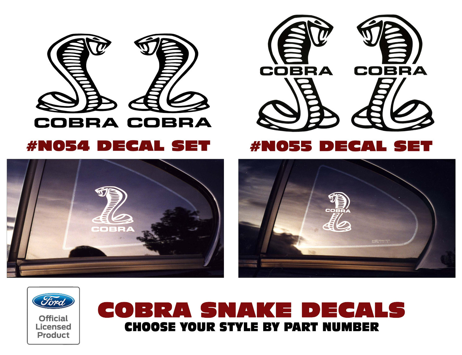 N054 or N055 FORD MUSTANG – VINTAGE COBRA DECAL – 4″ TALL – CHOOSE – TWO DECALS