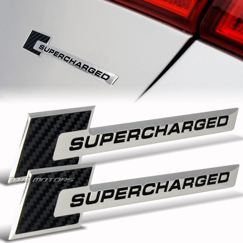 2X Carbon Fiber / Black Supercharged Aluminum Trunk Emblem Badge Sticker Decal
