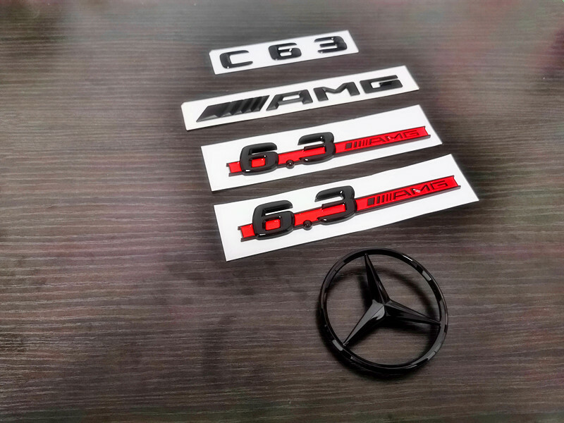 Gloss Black Red C63 AMG and Rear Star Side 6.3 AMG Emblem Badge For W204 507