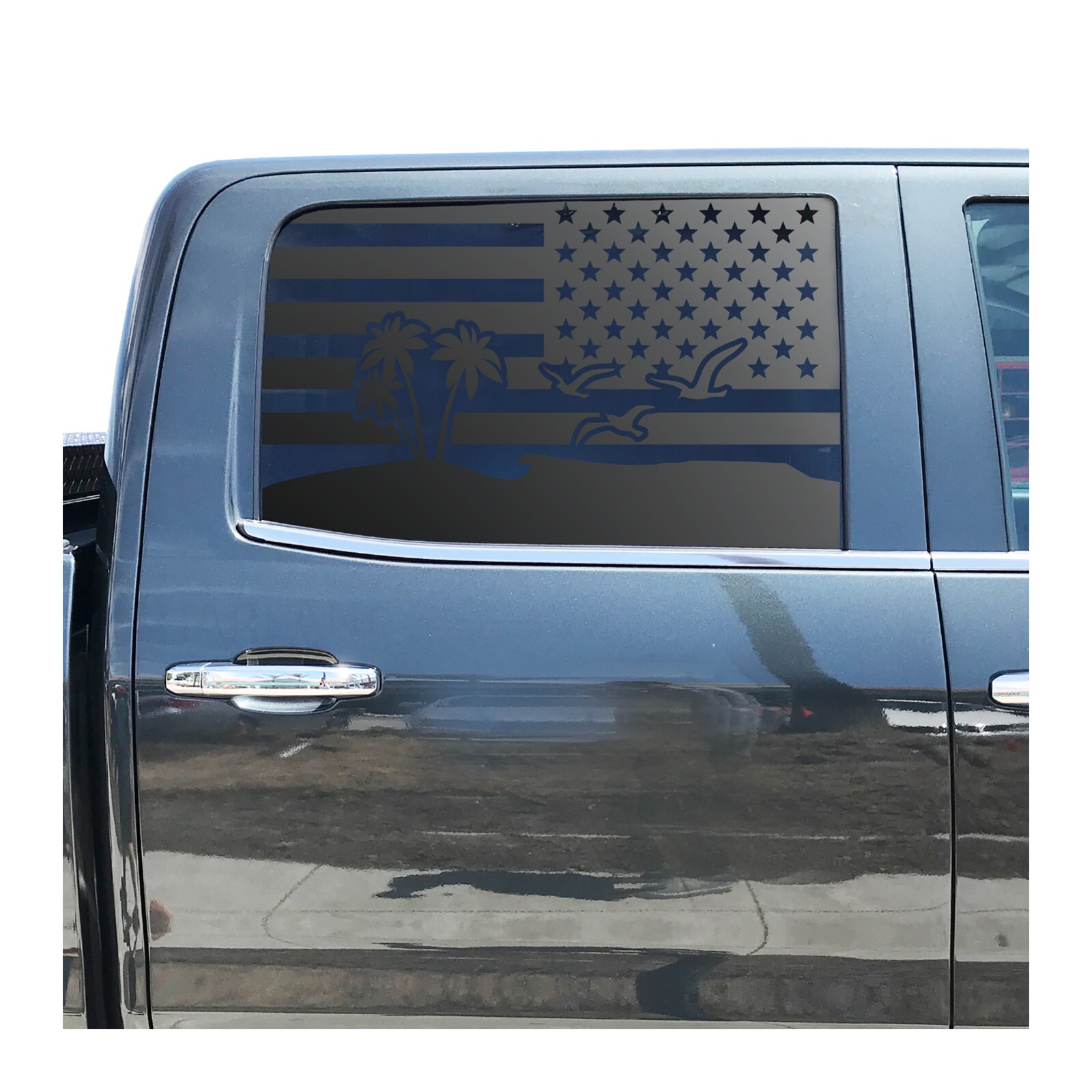 USA Flag w/Beach Scene Decal fits Crew Cab window 2014-2019 Chevy Silverado