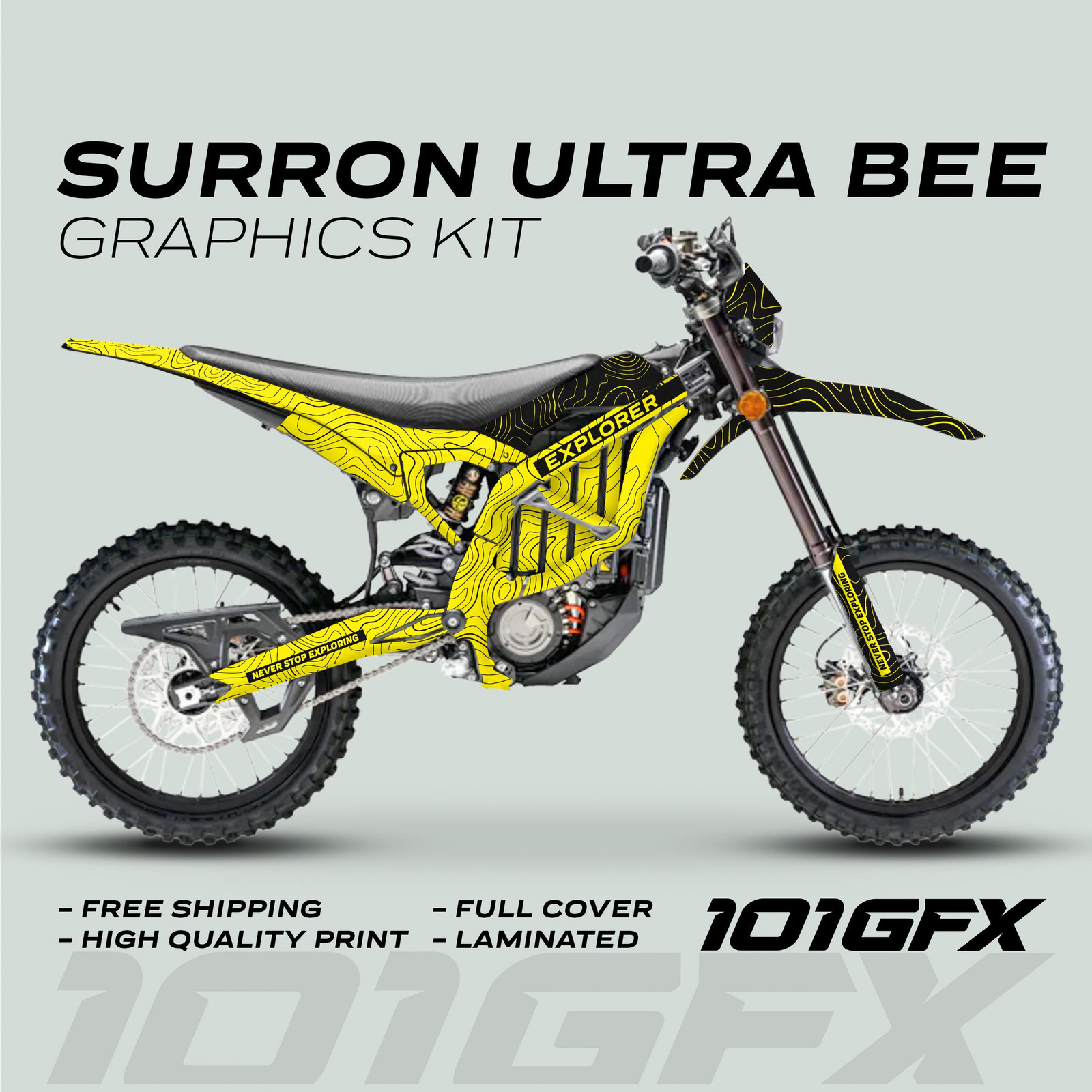 Surron Ultra Bee Graphics Kit EXPLORER YELLOW BLACK Explore Altitude Decals