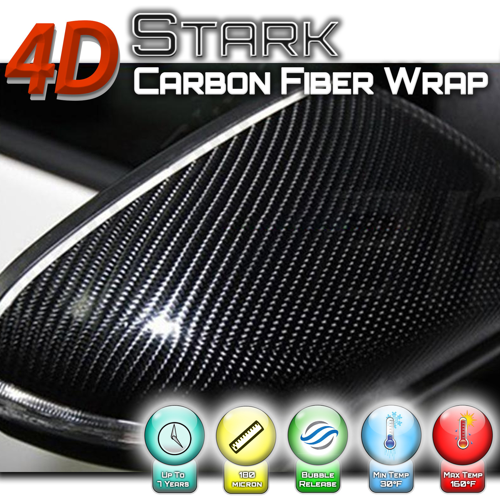 4D Premium Black Carbon Fiber Vinyl Wrap Roll Sticker Bubble Free Air Release