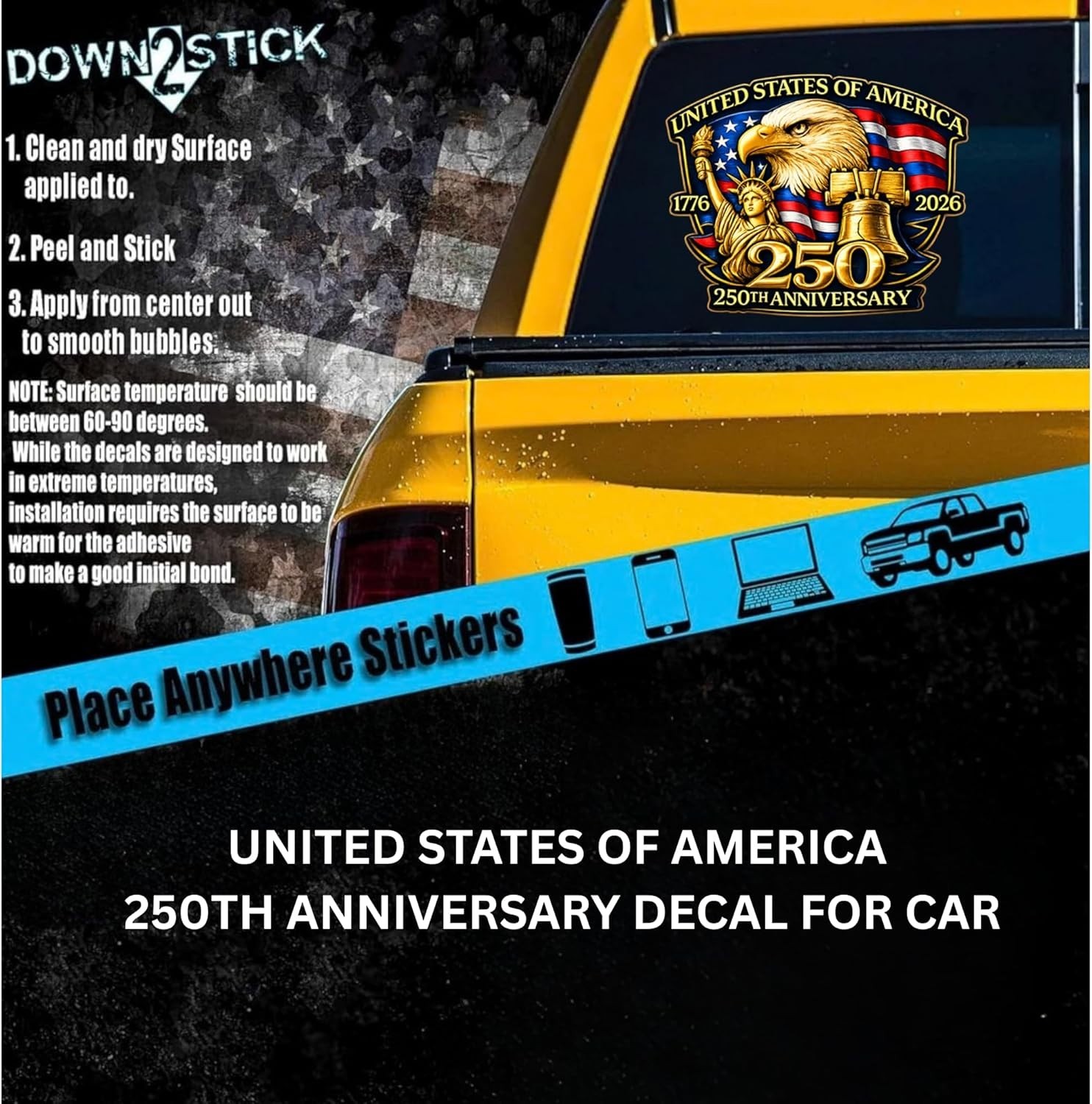 Gold American Eagle Car Decal 250th Anniversary Patriotic Window Sticker Set