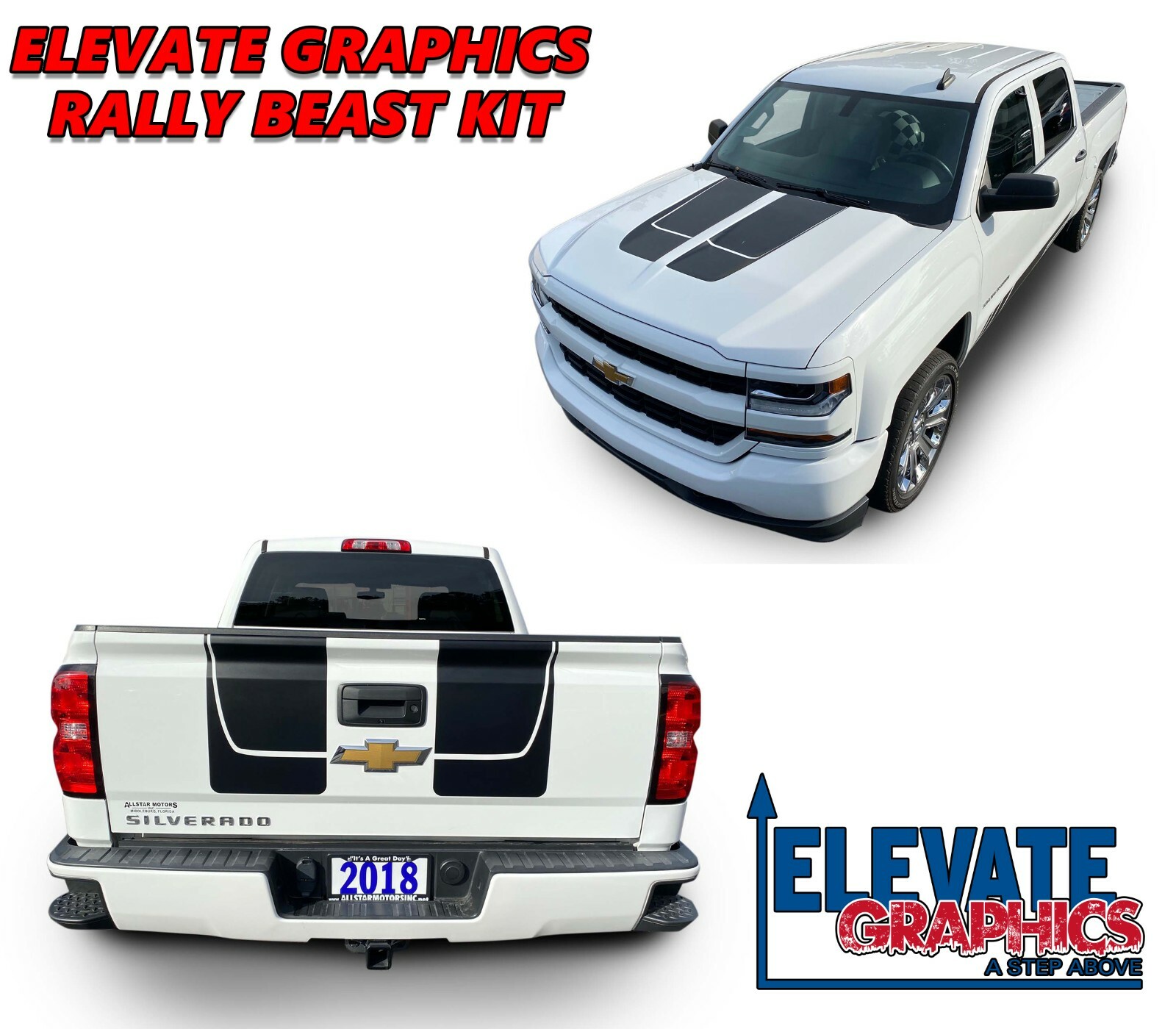For Chevy Silverado Rally Beast Stripes Hood Graphics Vinyl Decals 2016-2018
