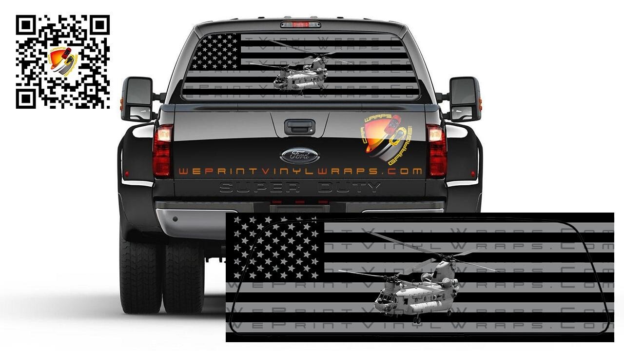American Flag Black and White Soldiers Chinooks Rear Window Perf Graphic Decal