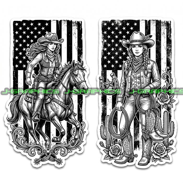 Cowgirl American Flag Patriotic Western Vinyl Decal Sticker 2 Pack C