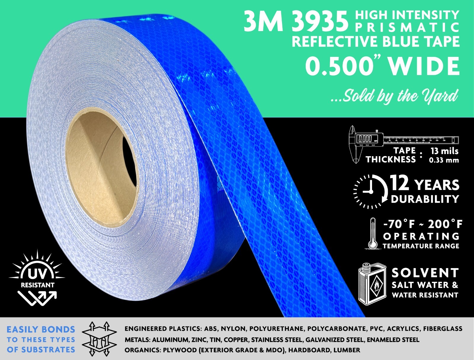 SOLD BY THE YARD: 3M 3935 HIGH INTENSITY PRISMATIC (HIP) TAPE, BLUE, 0.500” WIDE