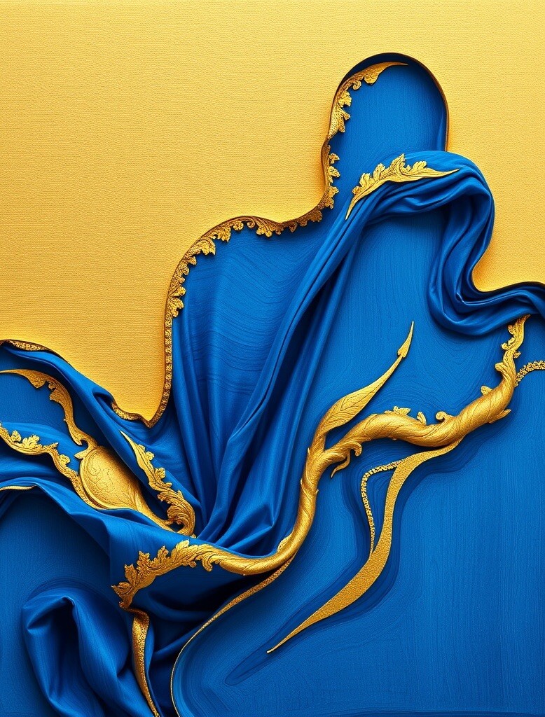 Artistic Sticker Blue and Gold Abstract Draped Fabric Design Decal Aesthetic Art