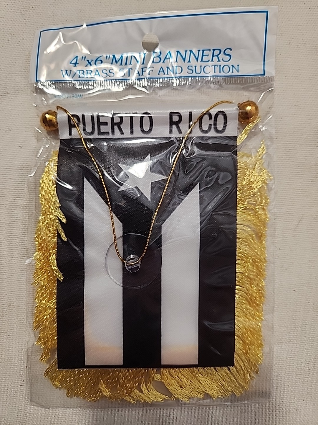 Black And White Puerto Rico Mini Banner Flag 4x6in Rear View Mirror New