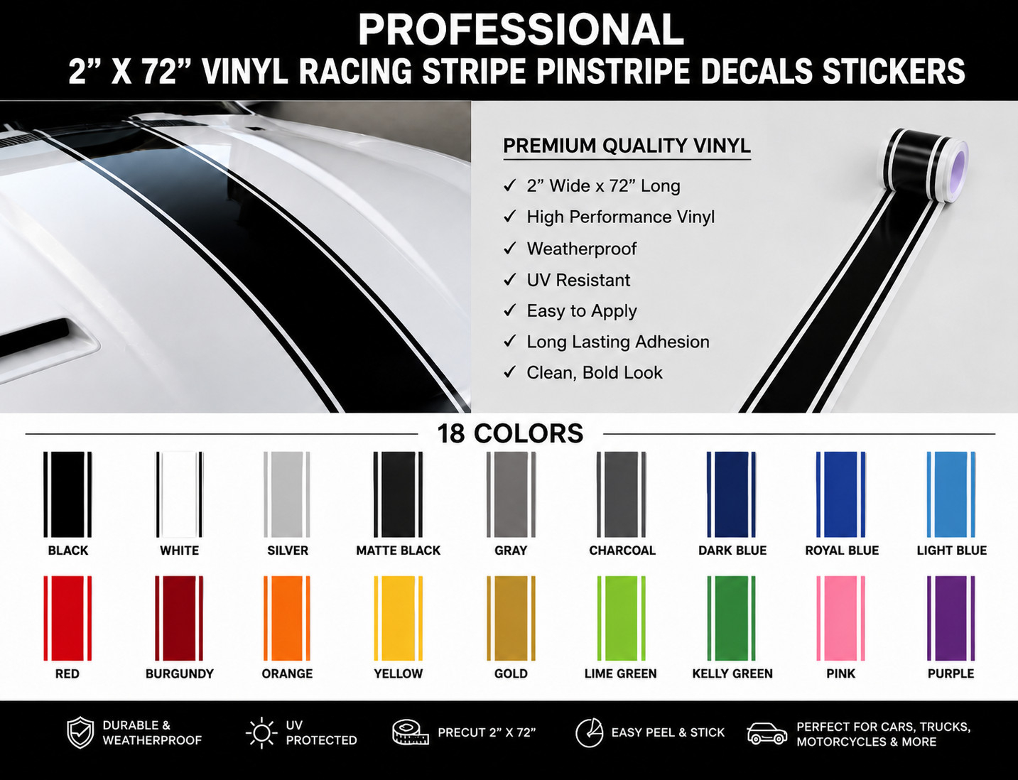 High-Performance Vinyl Racing Stripe Decal 2″ X 72″