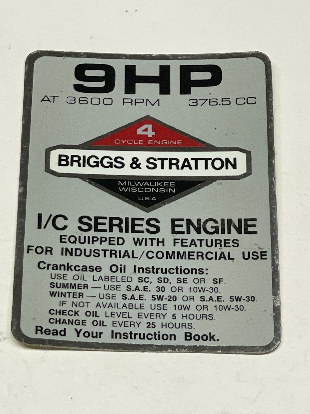 Briggs & Stratton OEM 9 hp I/C Series 1981-85 Black Chrome Silver Label Emblem