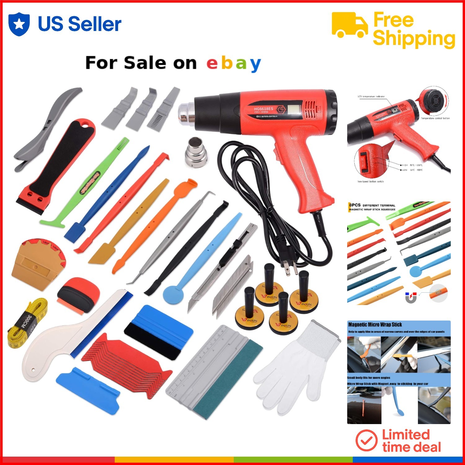 Vinyl Wrap Tool Kit for Car Window Tint Film Installation Heat Gun Squeegee