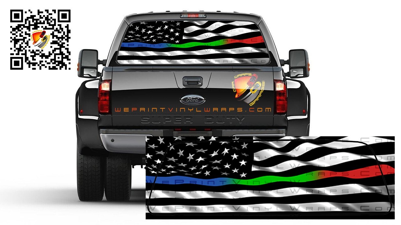 American Flag Black and White Thin Blue, Green & Red Line Rear Window Perforated