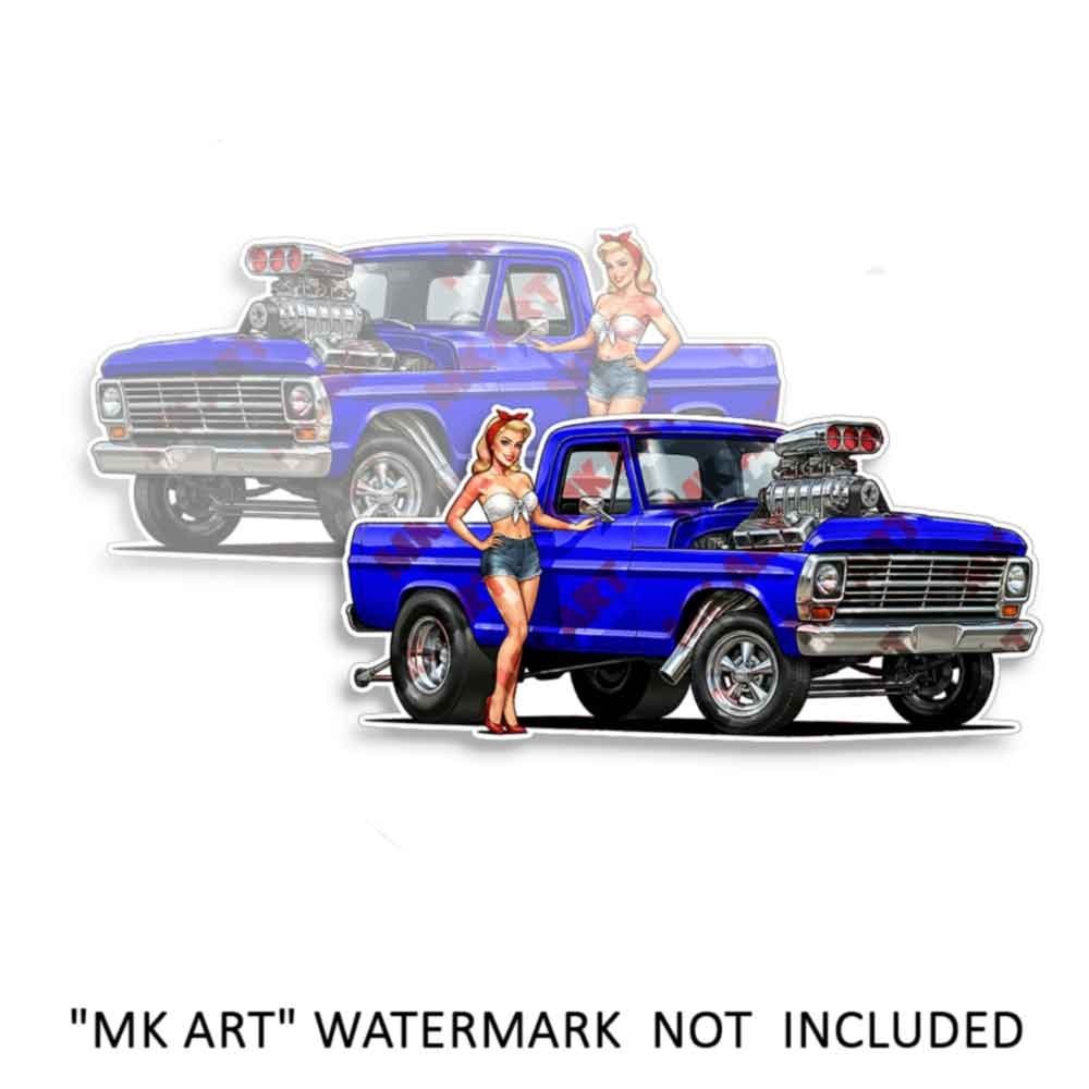 Pin Up Girl Sticker DARK Blue Truck Fits Ford 1969 F100 Hotrod Nose Art 2 PACK