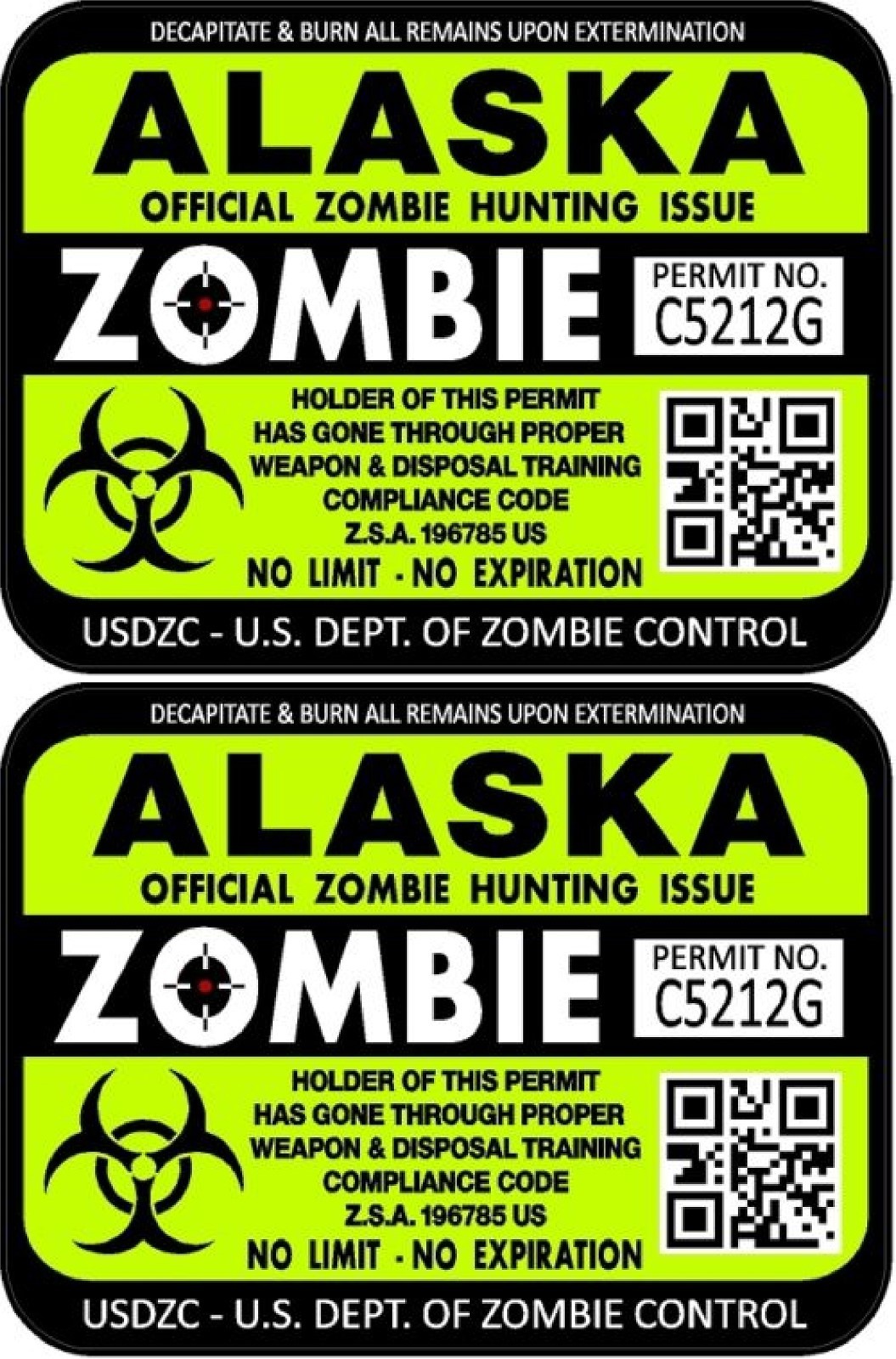 ProSticker 1212 (Two) 3″ x 4″ Alaska Zombie Hunting License Decals Stickers