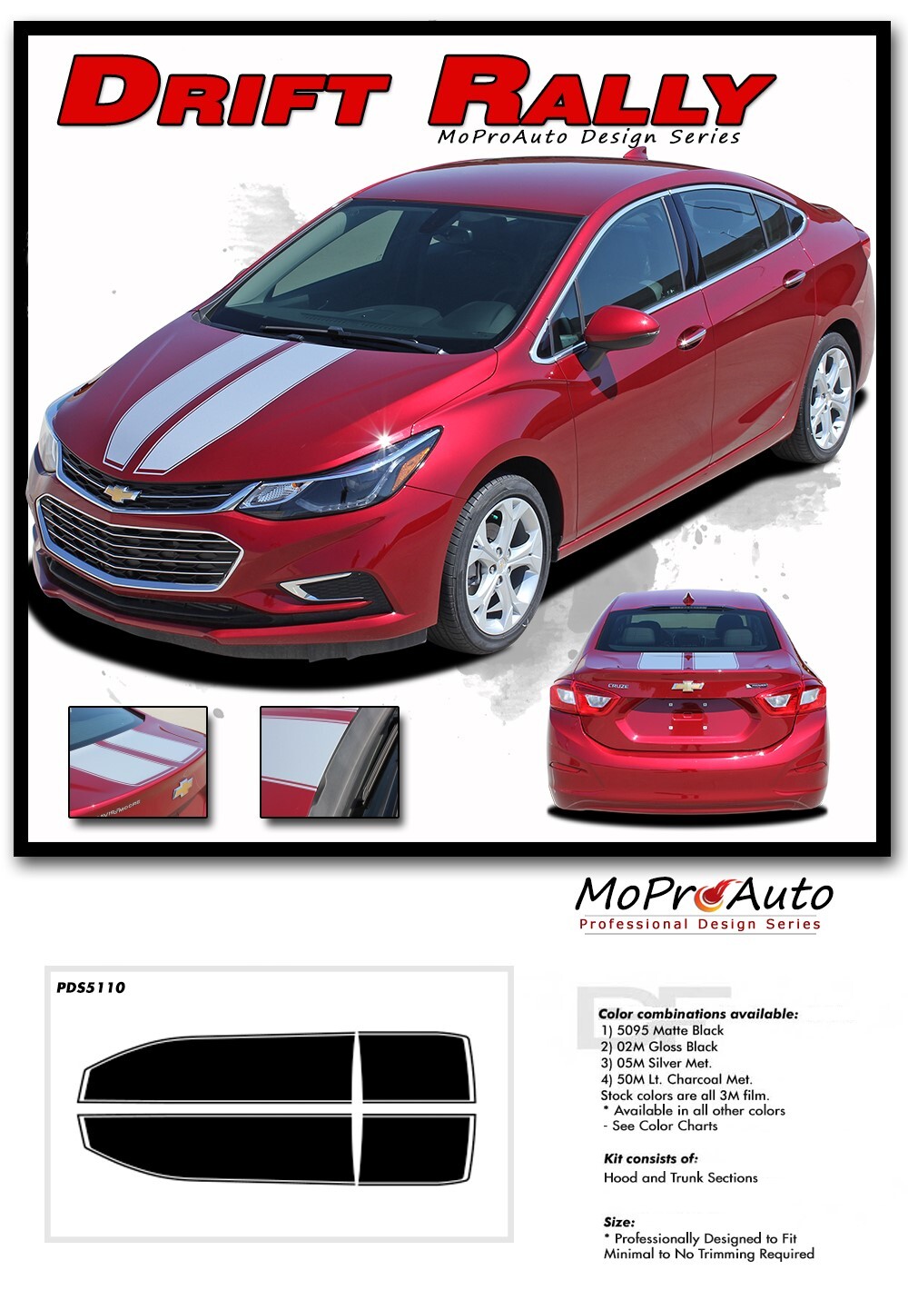 DRIFT RALLY Chevy Cruze Racing Stripes 2016-2019 Hood Vinyl Graphics Decals Kit