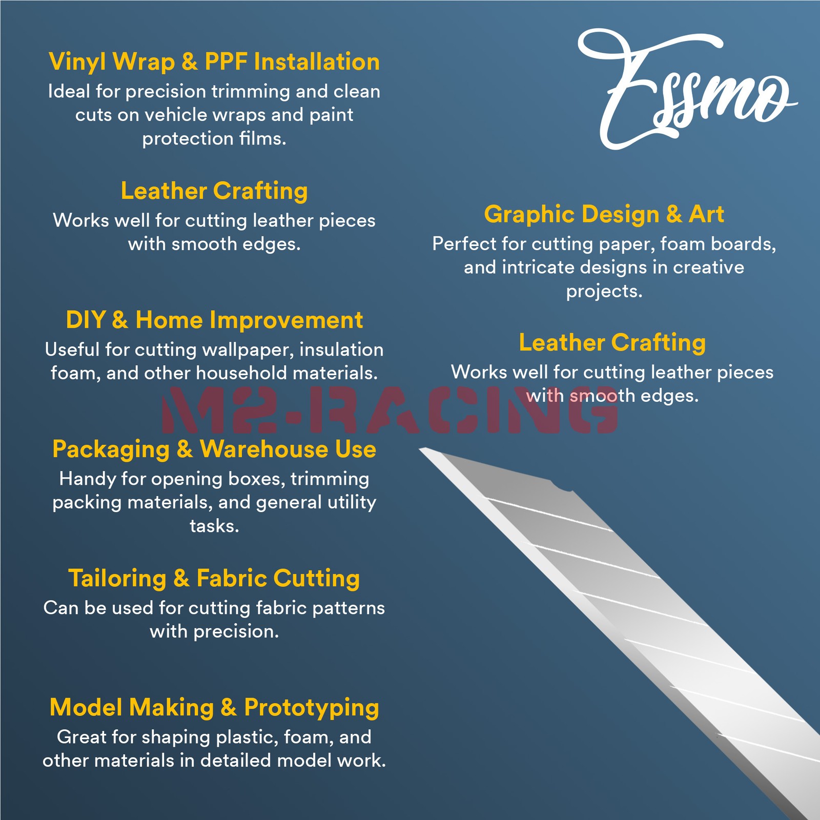 ESSMO 10pcs 30° Utility Knifes Blades Stainless Steel Vinyl Wrap Graphics Tools