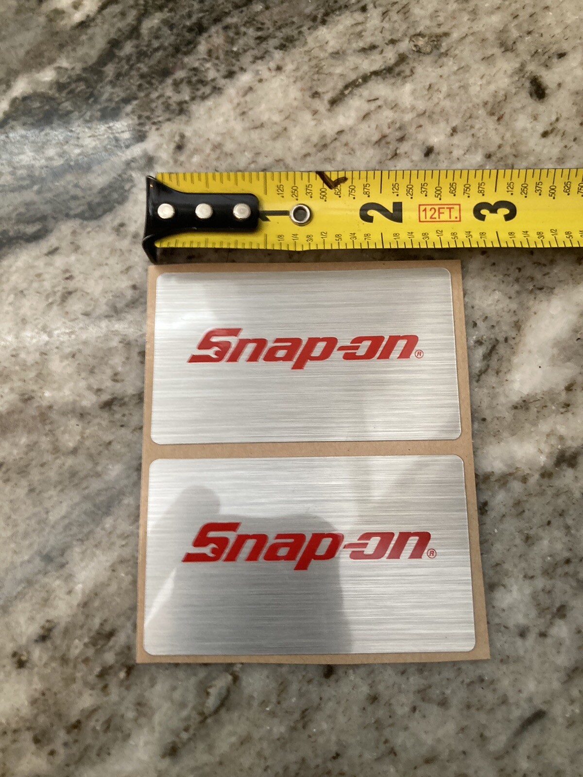 2 Snap on Vintage stickers. Metallic glossy. 2.625” X 1.5625” 3m Adhesive