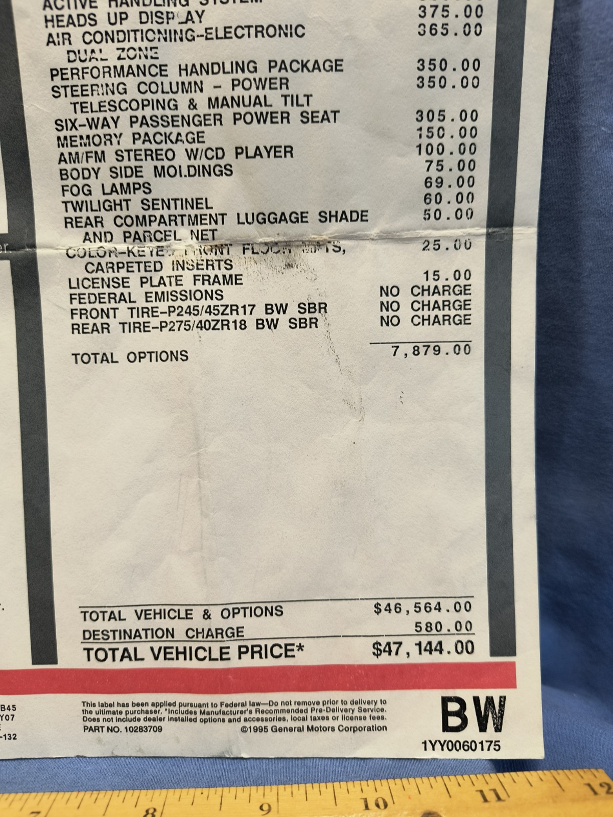 1999 Corvette Manufacturer’s Retail Window Sticker OEM ORIGINAL Chevrolet