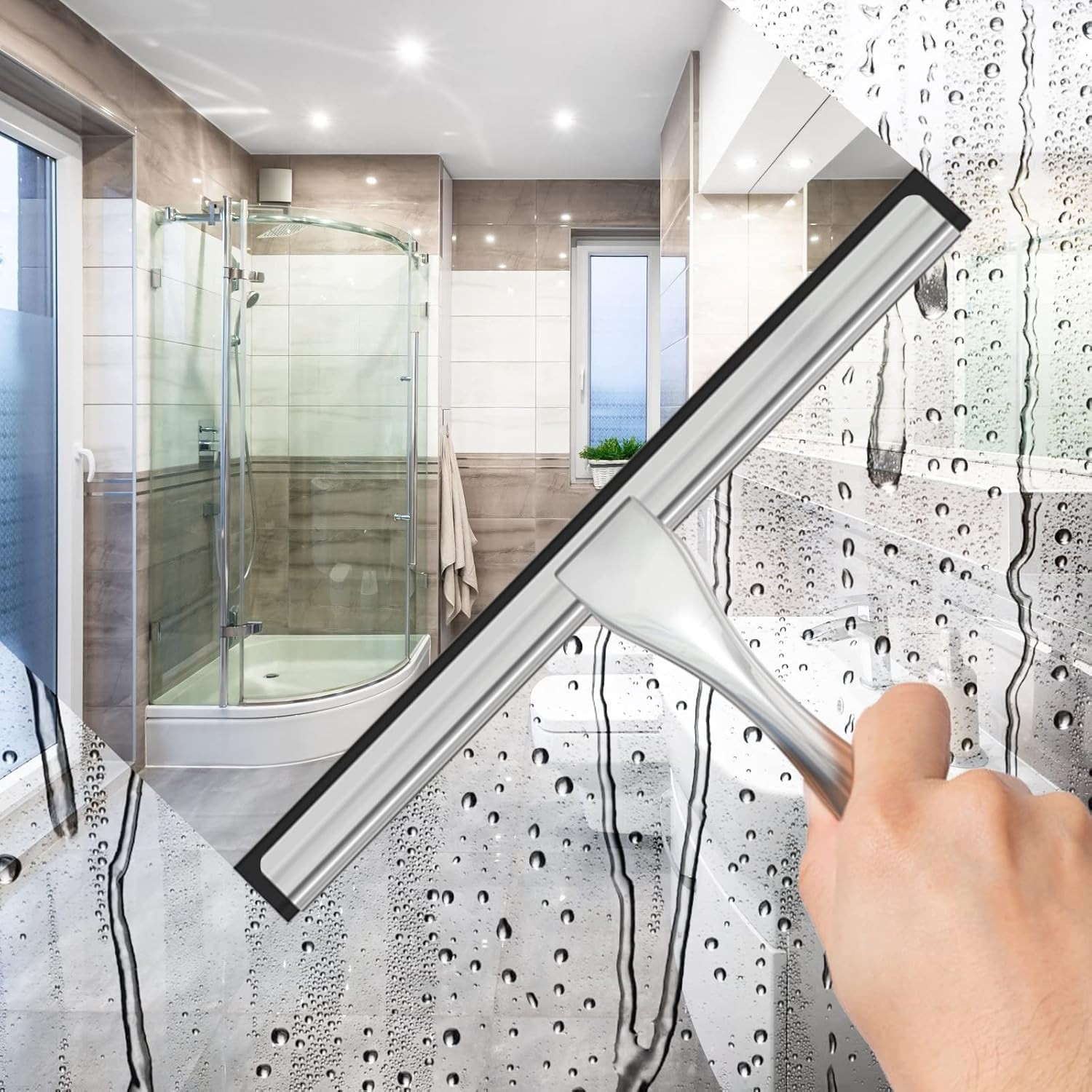All-Purpose Stainless Steel Shower Squeegee for Shower Glass Door with 2Adhesive