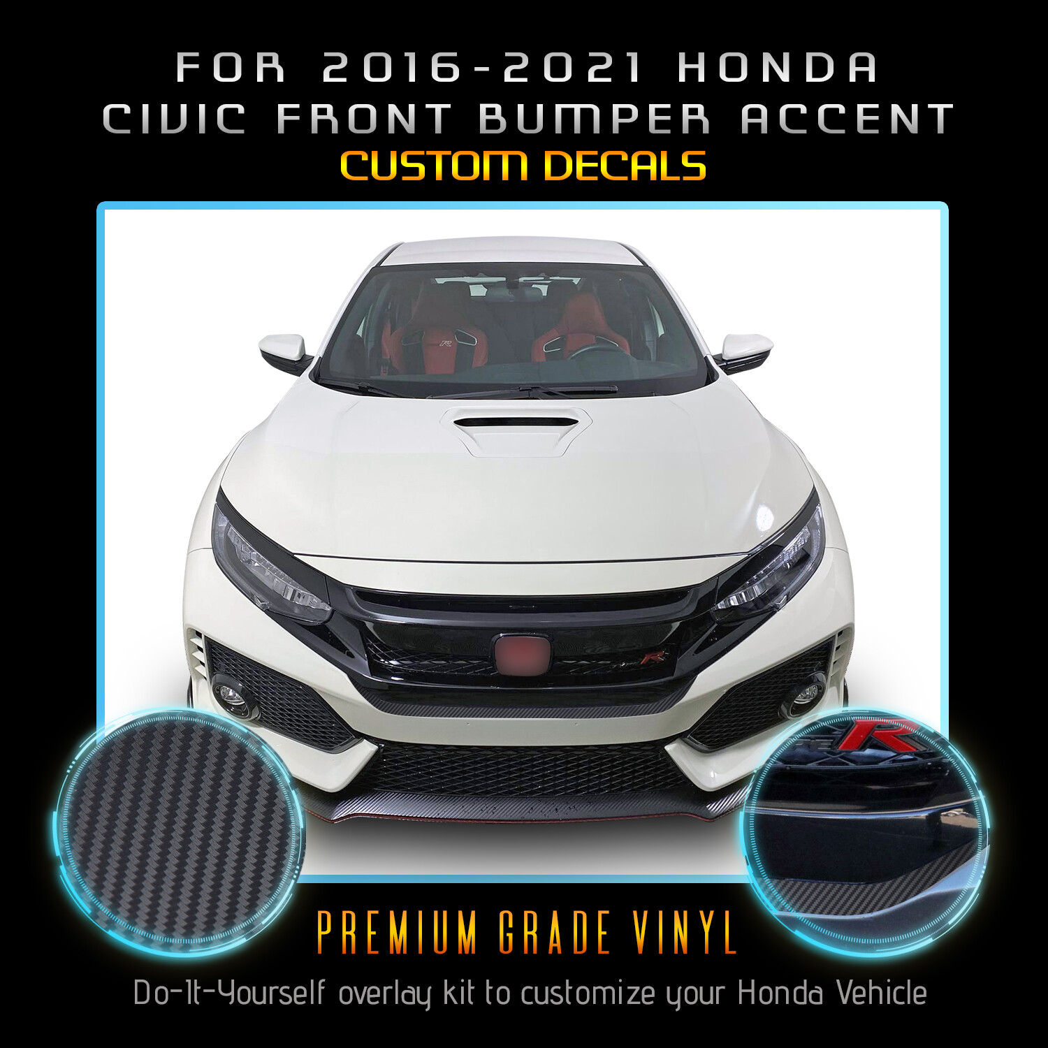 For 2016-2021 Honda Civic Front Bumper Accent Graphic Decal – Carbon Fiber Vinyl
