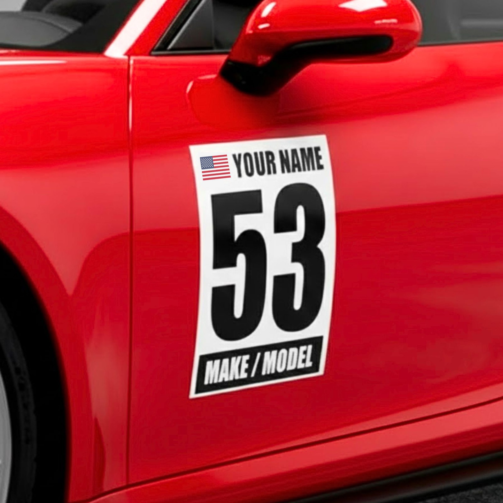2x Track Day Racing Any Numbers Sticker Custom Name Make Model Flag Vinyl Decal
