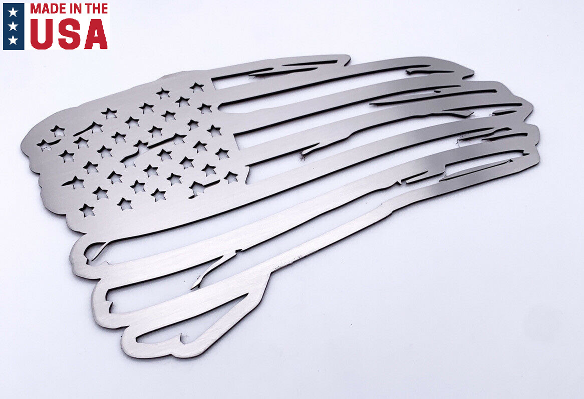 Distressed American Flag Decal Emblem – Brushed Stainless Steel (9″ x 5.5″)