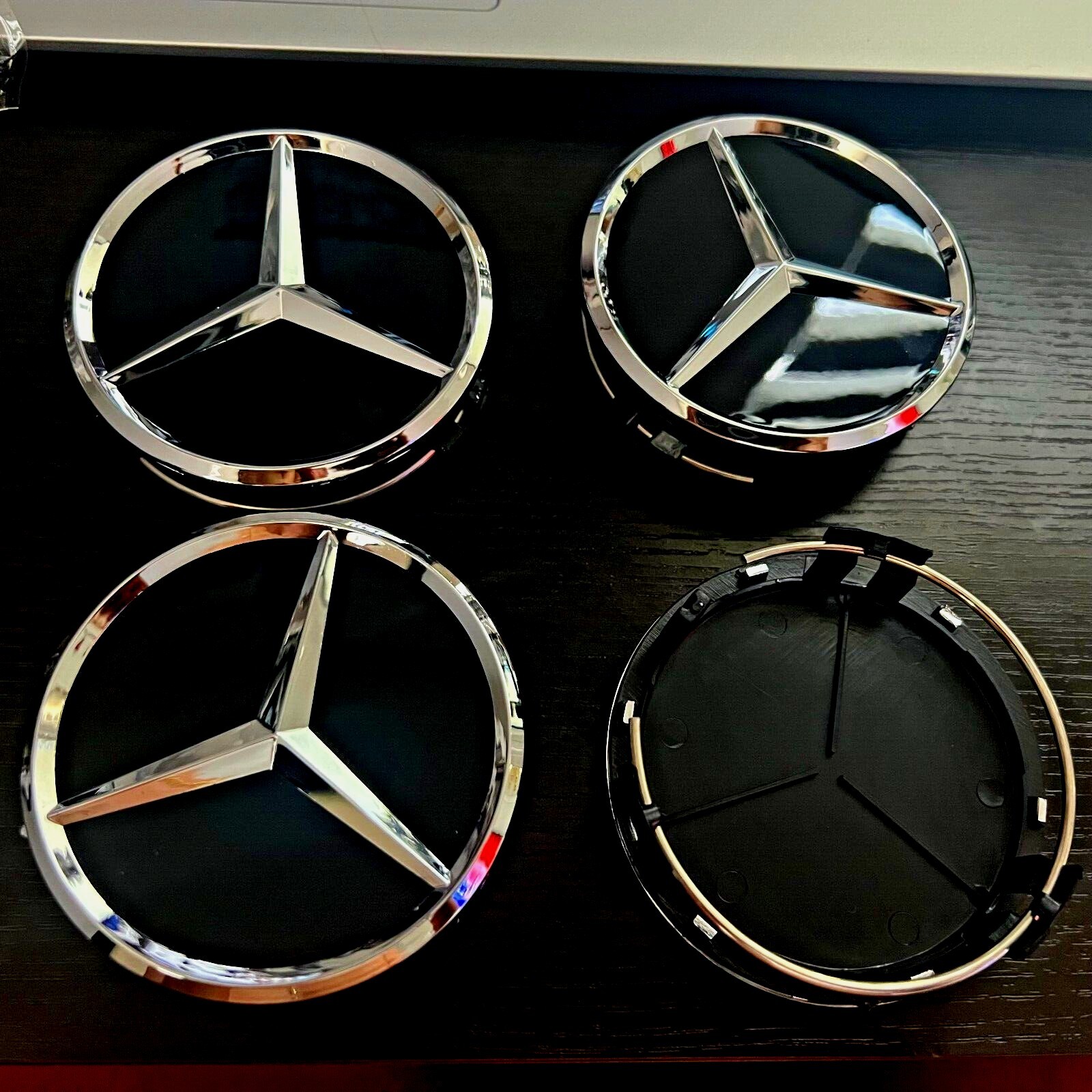 SET OF 4 MERCEDES BENZ WHEEL CENTER CAPS BLACK/DARK/SILVER 75MM AMG WREATH