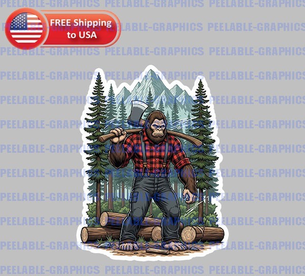 Bigfoot Sasquatch Lumberjack Logger Axe 4″ Tall Vinyl Decal Sticker D