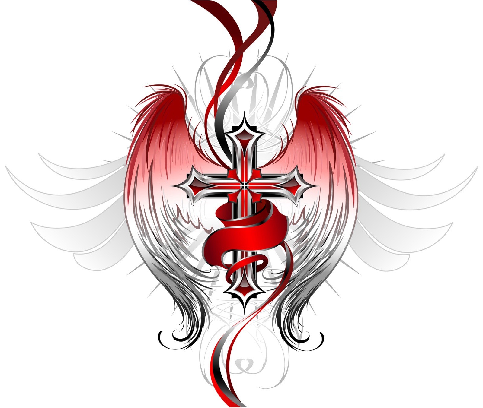 Cross With Wings Sticker 3” Gothic Angel Christianity Red Ribbon Feathers !