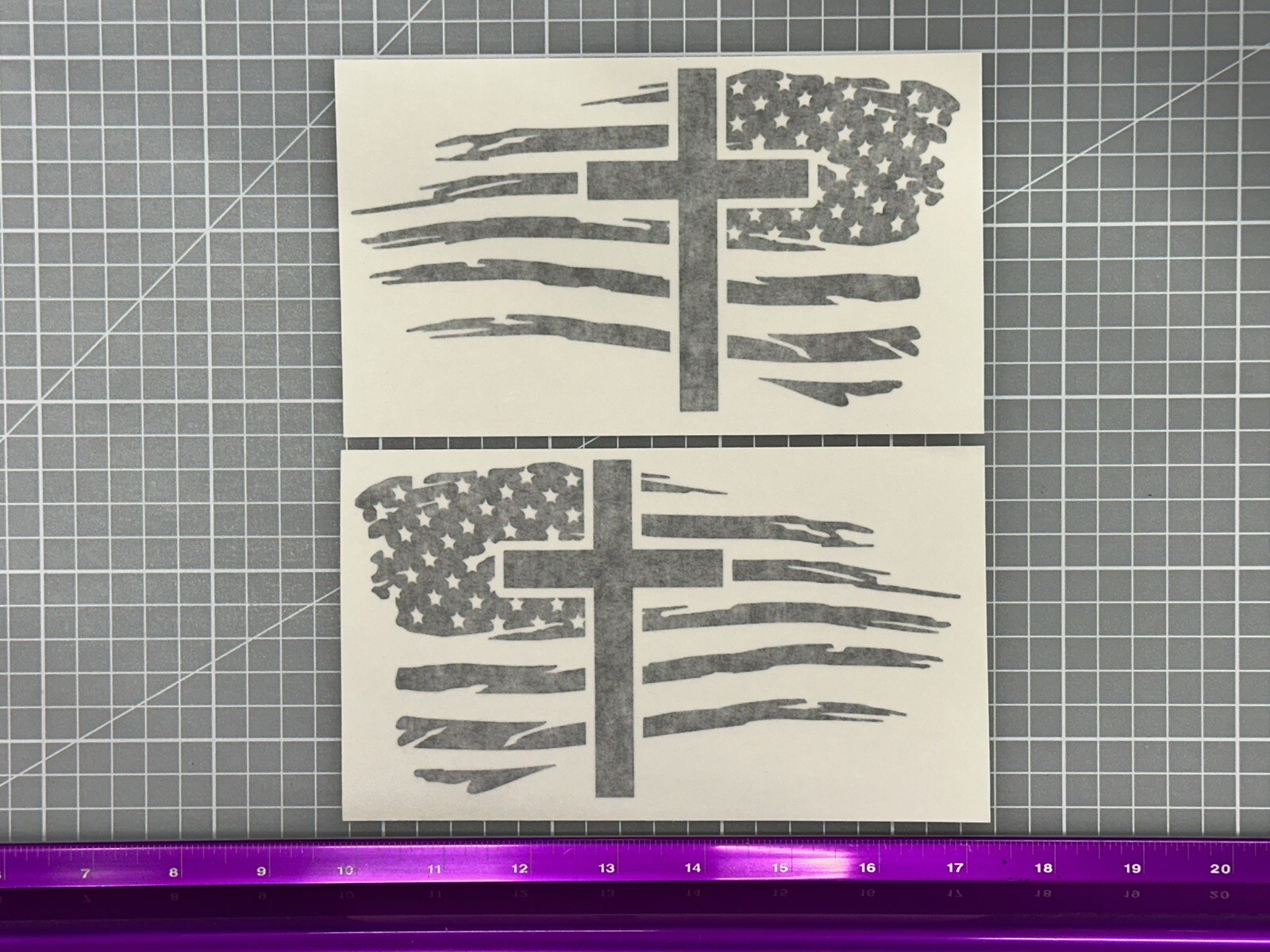 Pair (2) 4×7 Matte Black American Flag Vinyl Decal Sticker with Cross, Christian