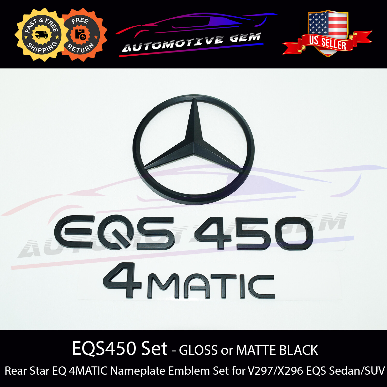 EQS450 4MATIC Rear Star Emblem Black Badge Set Mercedes AMG Electric Sedan SUV