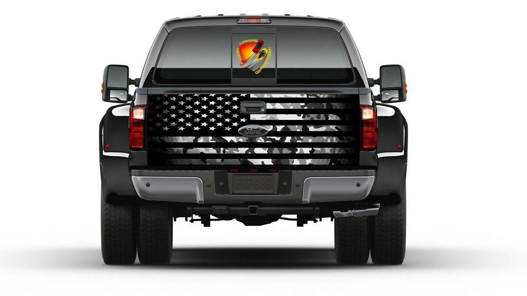 American Flag Camo Black and White Tailgate Wrap Vinyl Graphic Decal Sticker