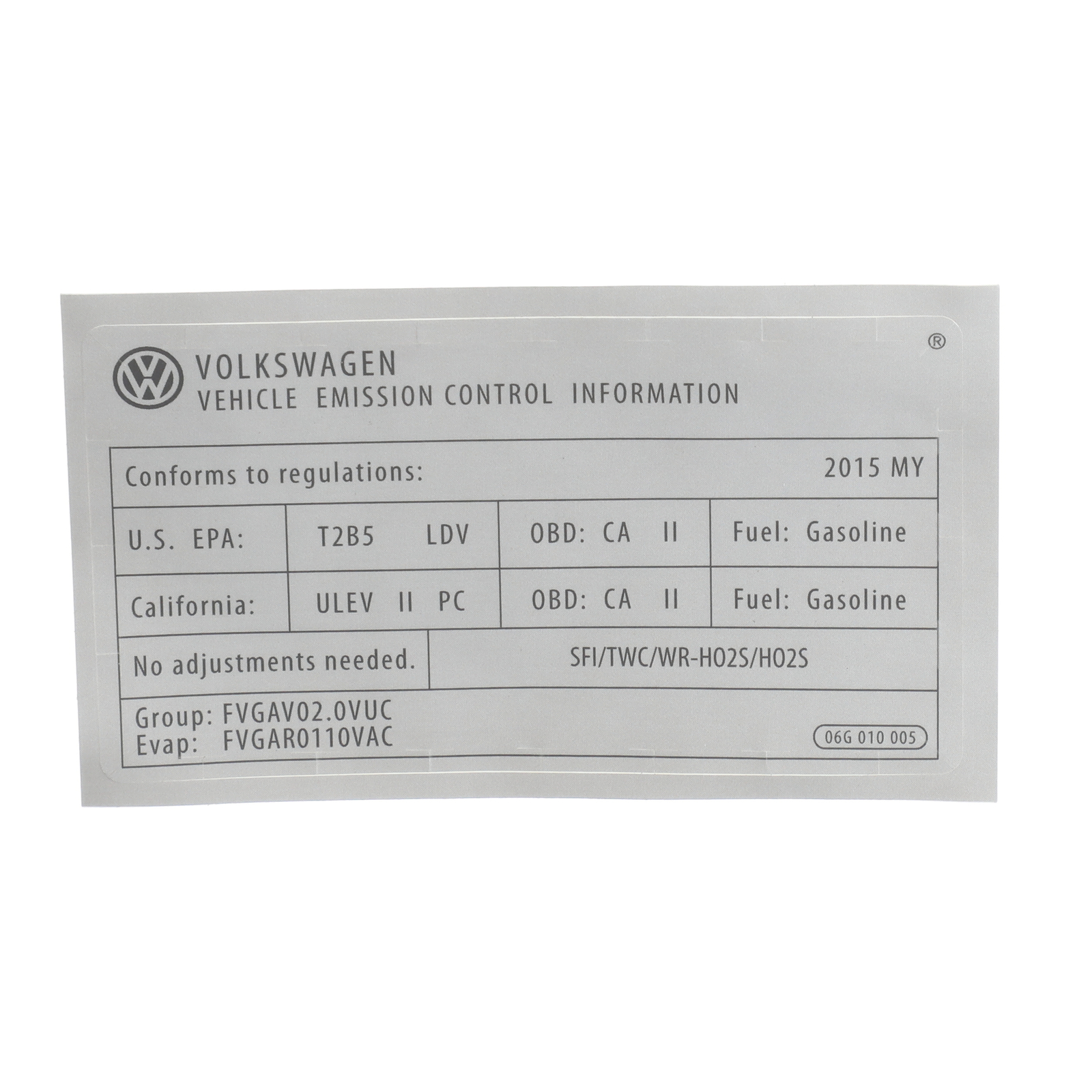 NEW OEM Volkswagen Emission Label Compliance Sticker Decal 06G-010-005