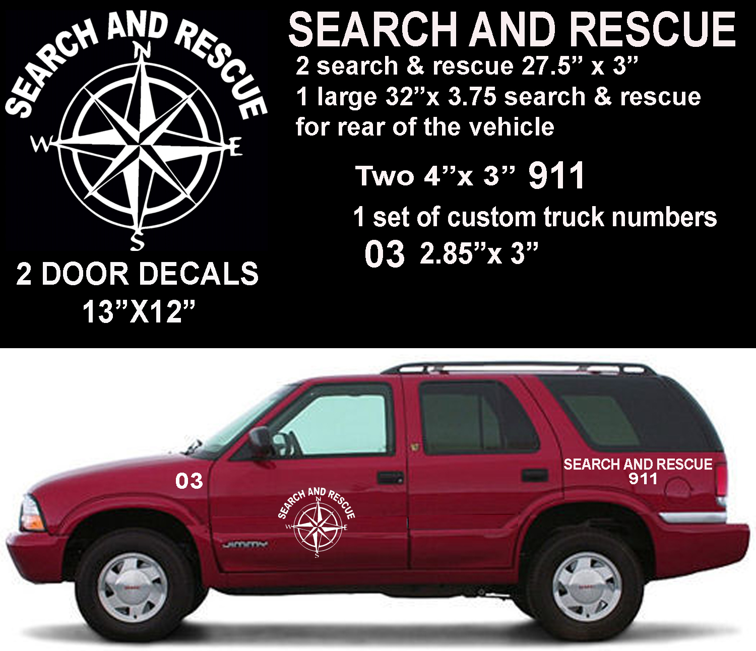 SAR Search And Rescue DELUXE compass rose truck decal set
