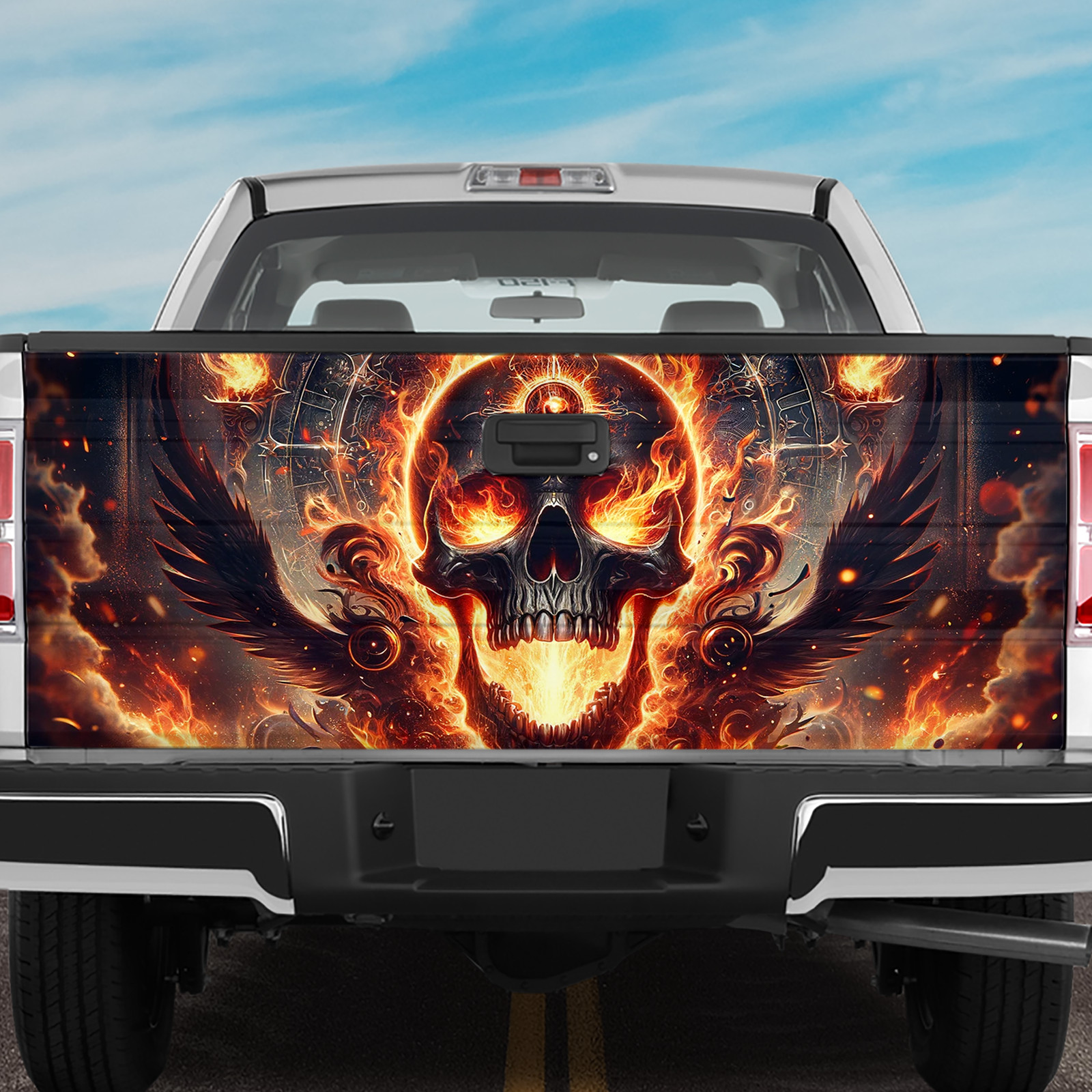 Skull Flame Vinyl Truck Tailgate Wrap, Skull Truck Tailgate Sticker Decal Wrap