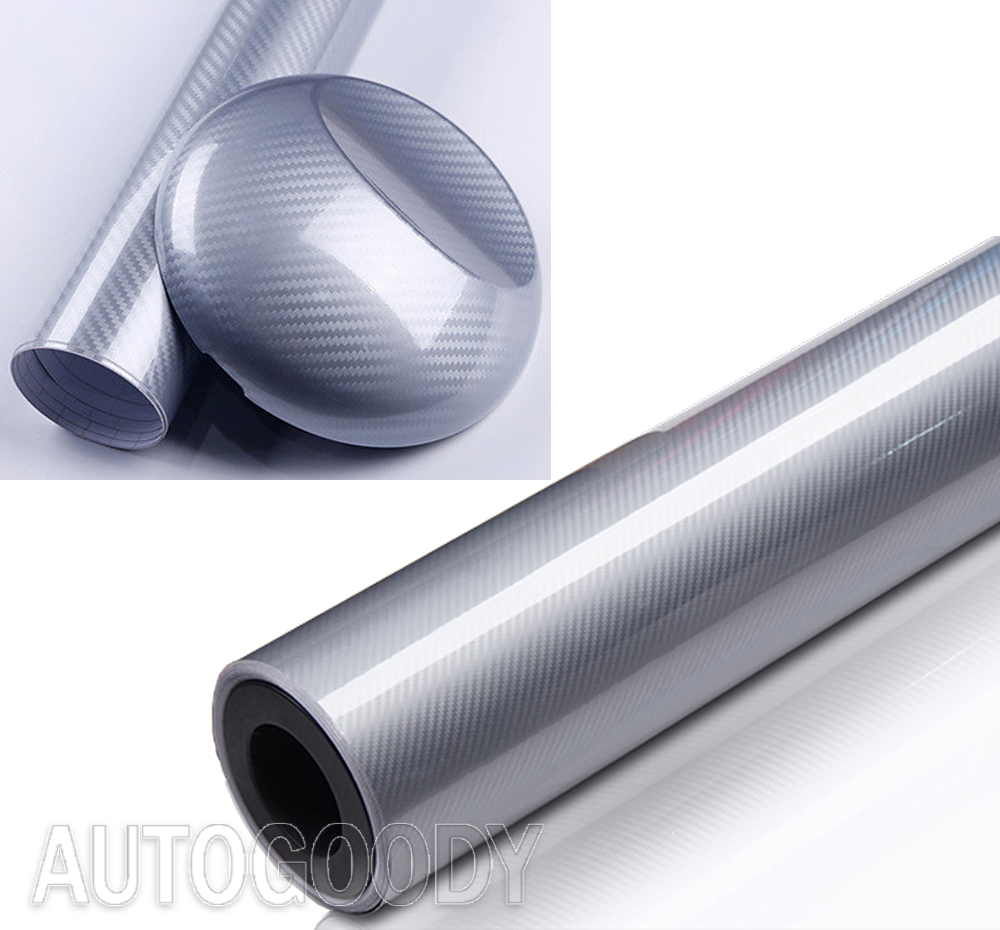 12″ x 60″ HIGH GLOSS 5D Silver Carbon Fiber Vinyl Wrap Bubble Free 1ft x 5ft 6D