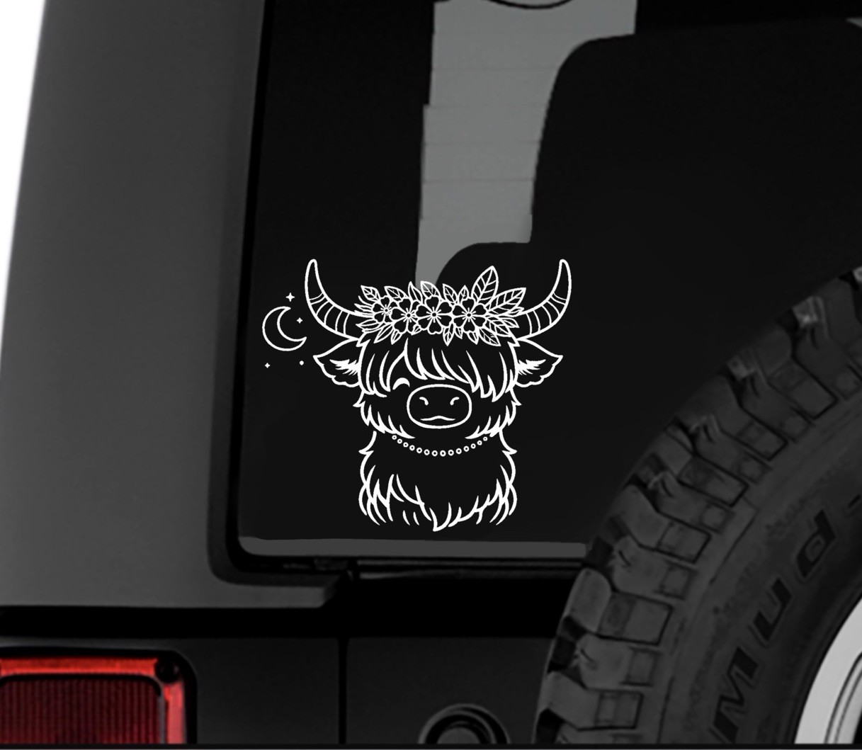 BOHO HIGHLAND COW FLORAL MOON CAR WINDOW DECAL VINYL DECAL STICKER