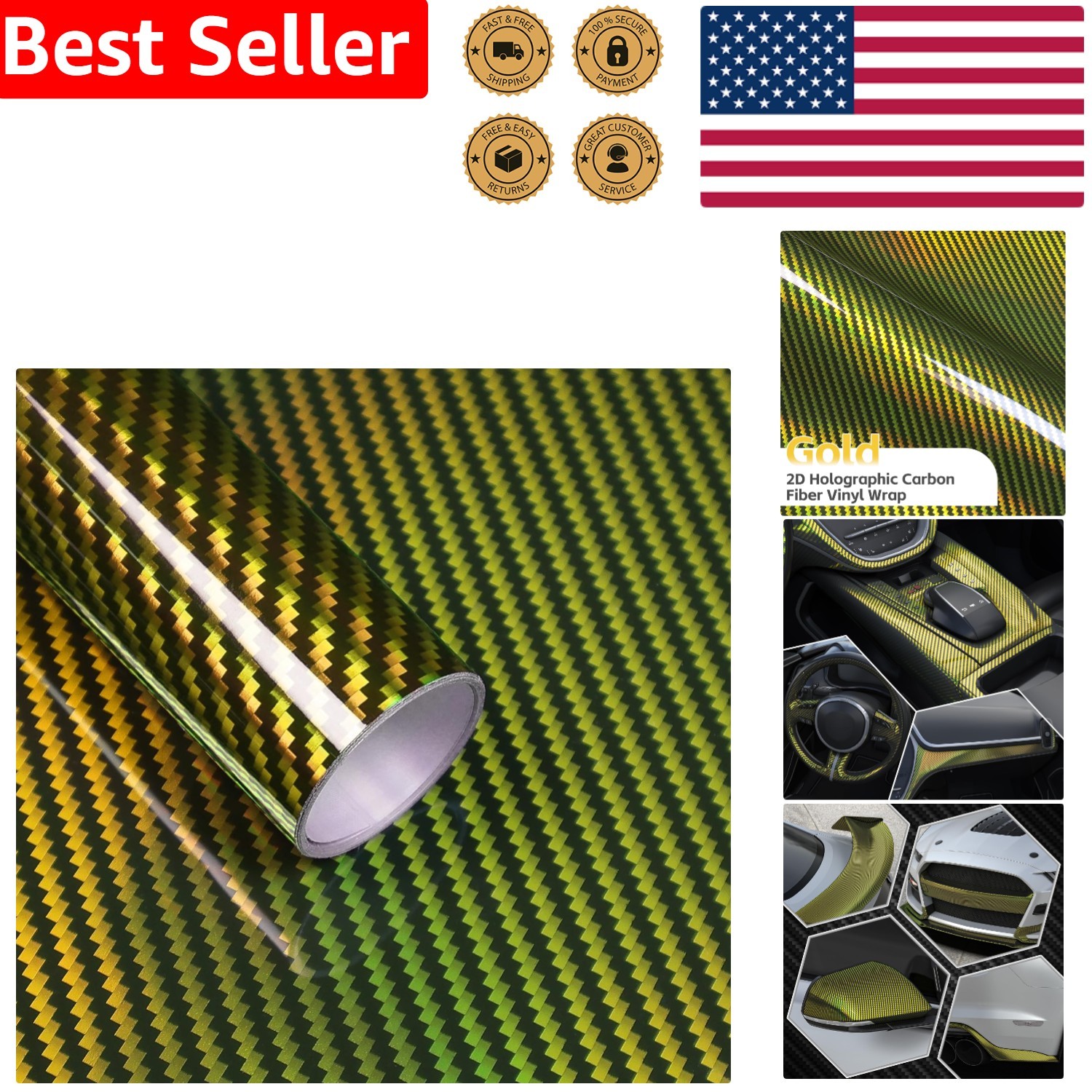 Versatile Gold Carbon Fiber Vinyl Wrap – 1FT x 5FT with Air Release Technology