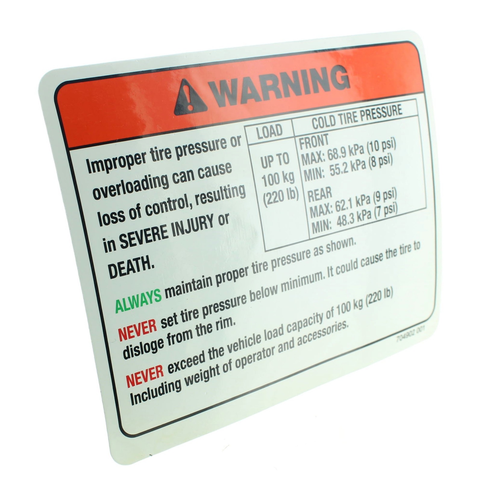Can-Am New OEM DS Tire Pressure Warning Decal, 704902001