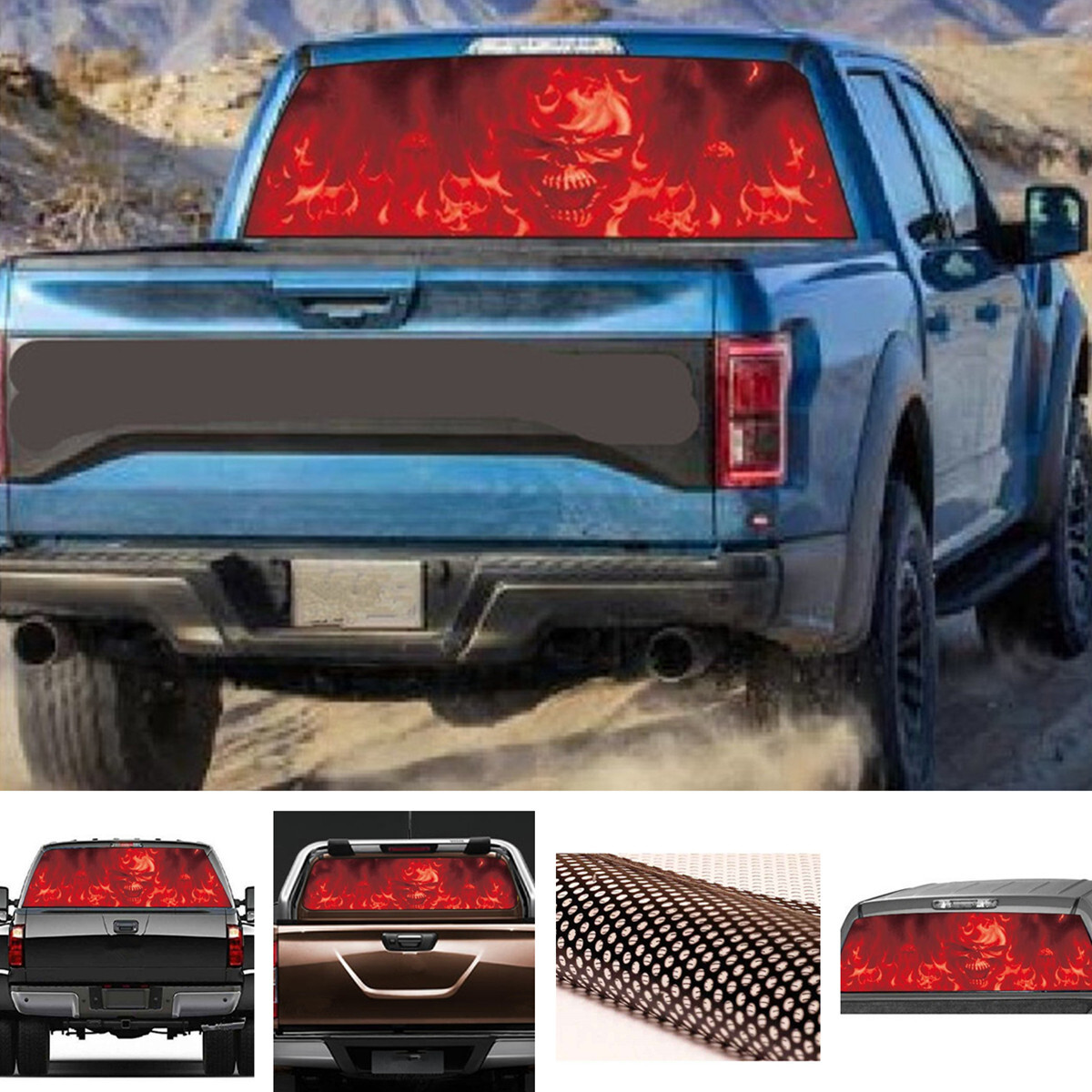 Car Rear Window Sticker DIY Flaming Skull Graphics Tint Vinyl Perforated Decal
