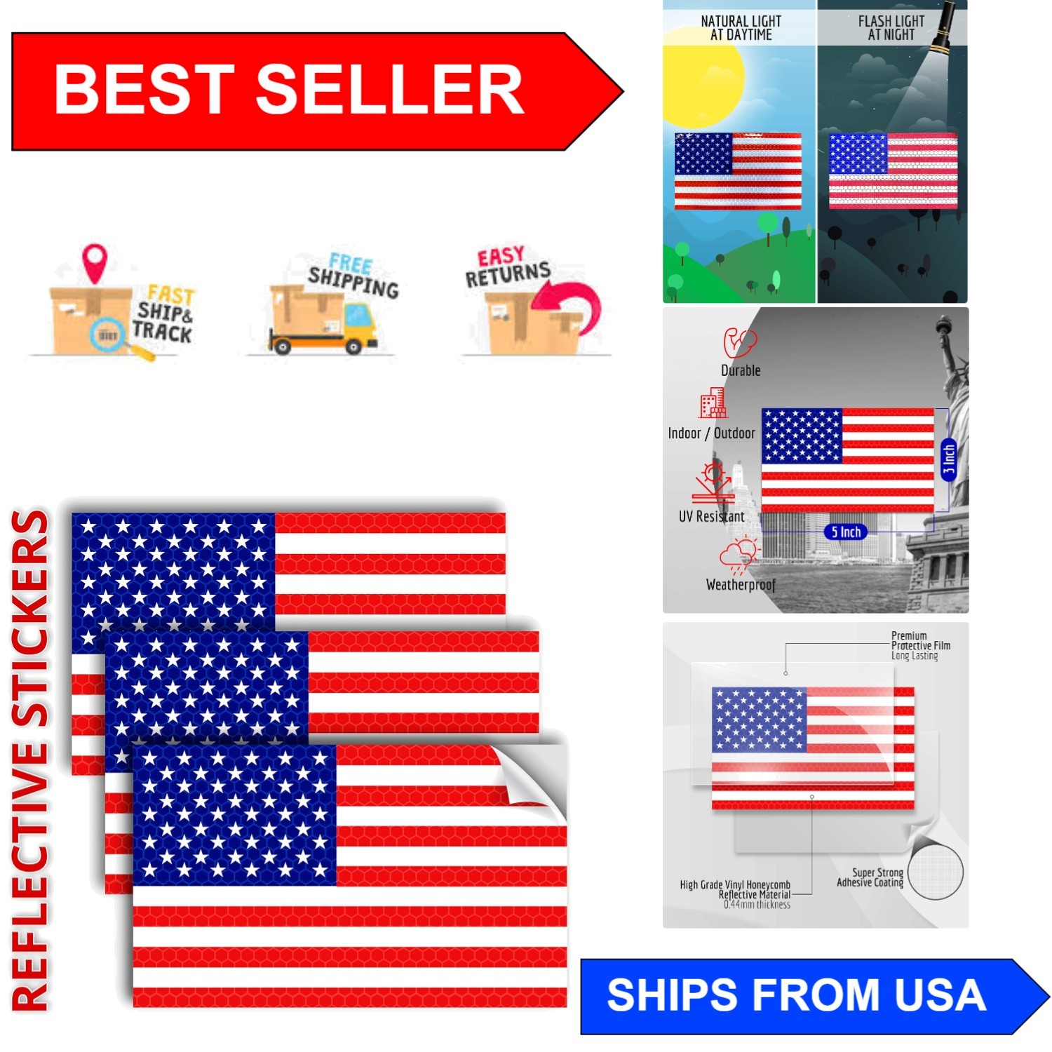 Patriotic 3-Pack Reflective Vinyl American Flag Decals – Waterproof & Glitter