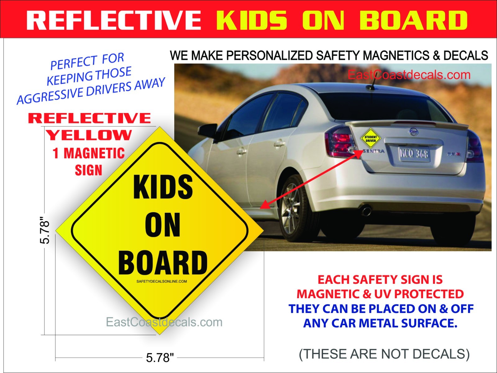 KIDS ON BOARD SAFETY REFLECTIVE Magnetic Sign NEW Heavy Duty On & Off with Ease