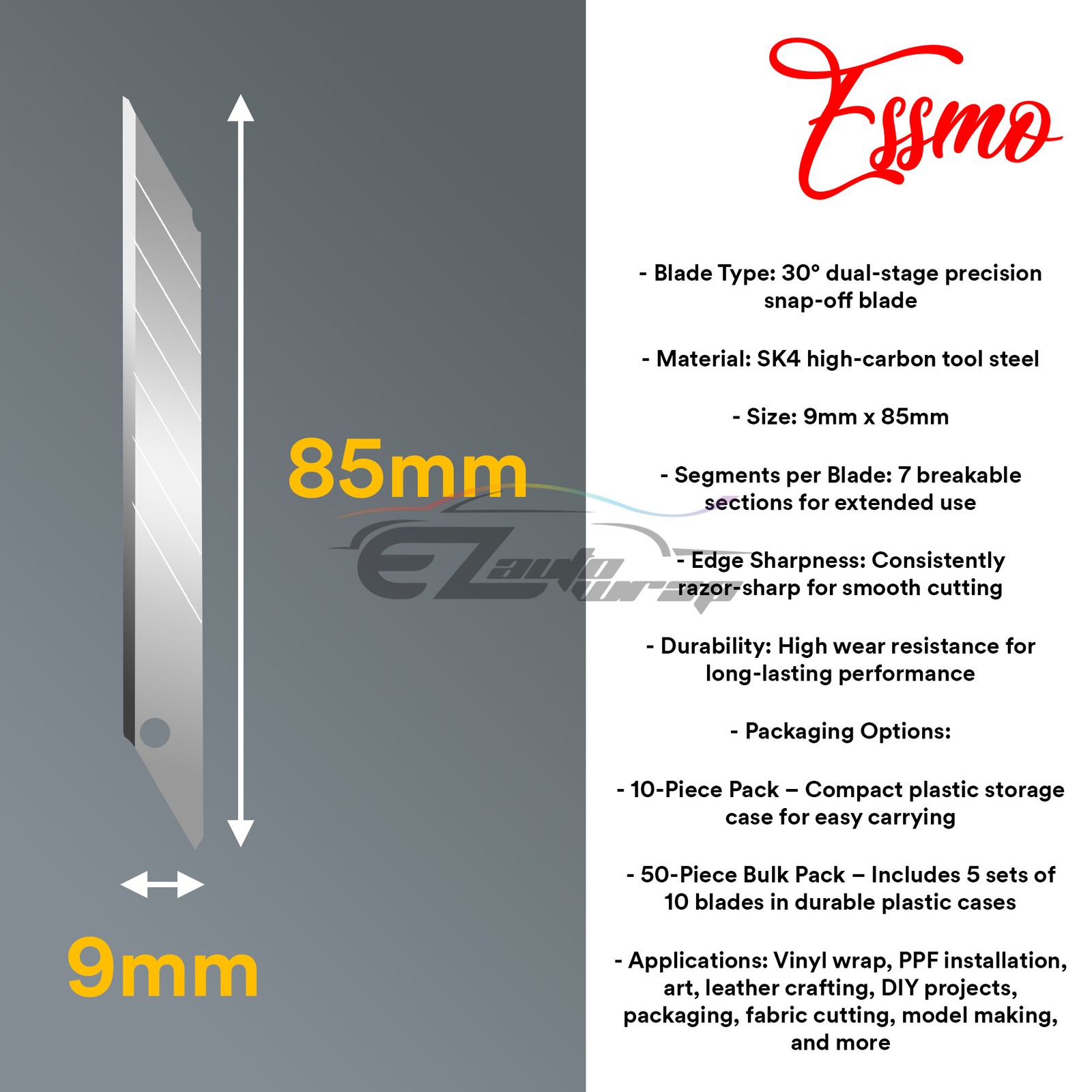 ESSMO 50pcs 30° Utility Knifes Blades Stainless Steel Vinyl Wrap Graphics Tools
