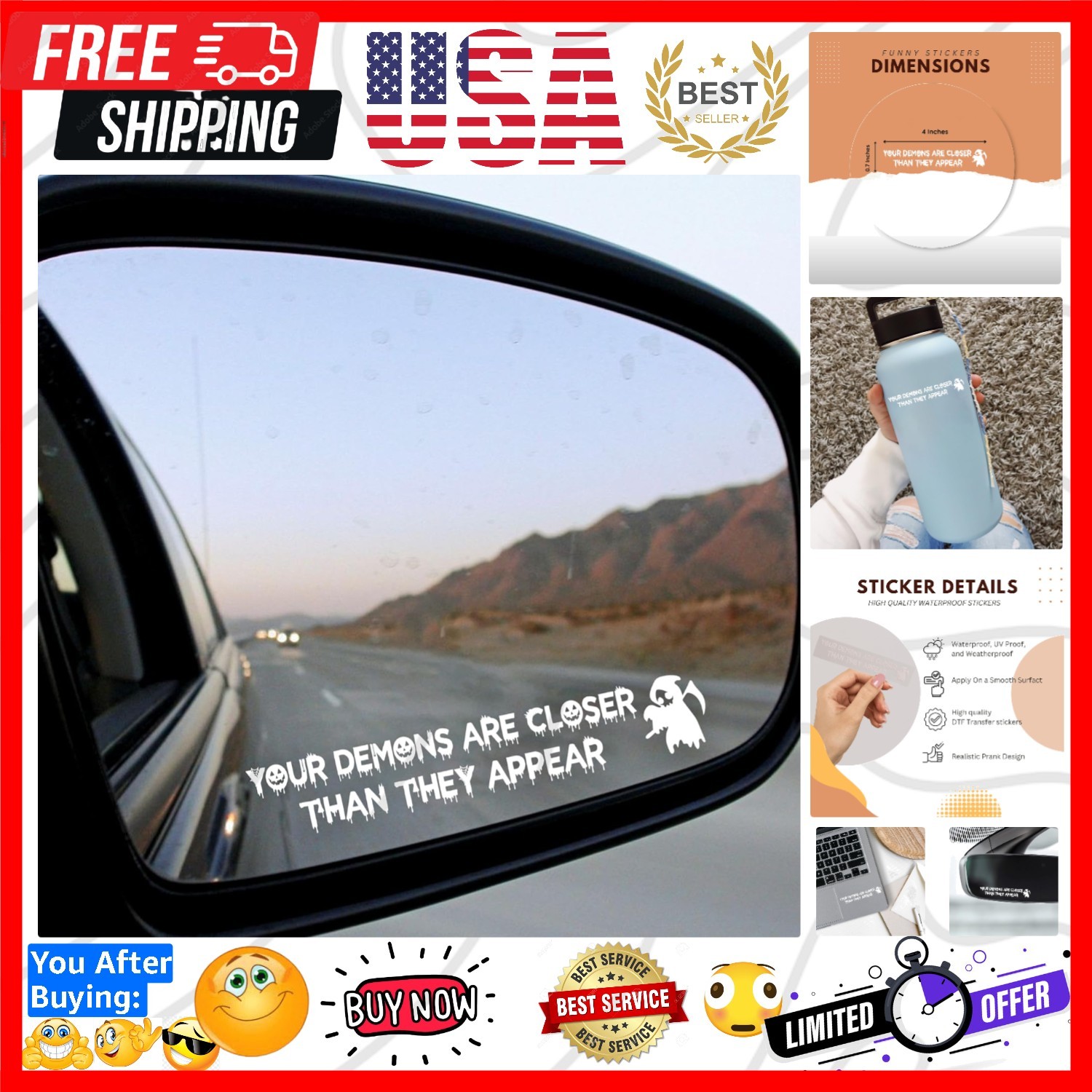 Your Demons White Halloween Vanity Mirror Decals – 2 pcs Funny Stickers, Rear…